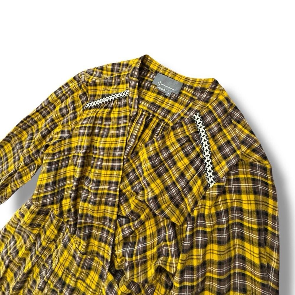 Anthropologie Dalton Wrap Dress Mustard Yellow Midi Tiered Plaid Women’s Size S - Picture 8 of 14